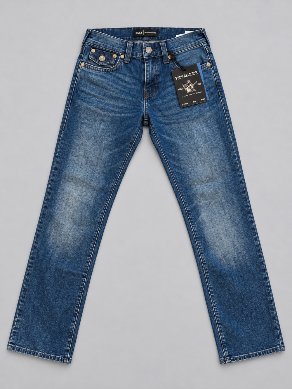 True Religion Men's Medium Blue Straight Jeans with Faded Whiskering
